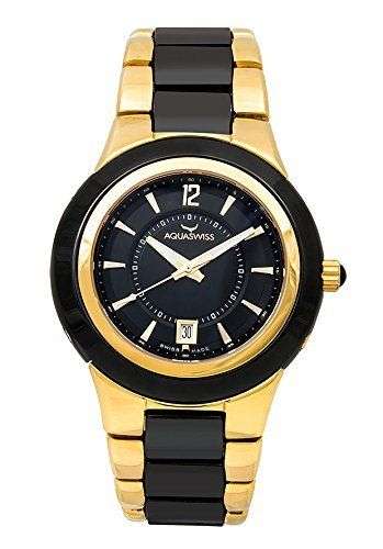 **Brand New** Aquaswiss Men C91G Black Ceramic Gold Steel Analog Date Watch Retail:$1400