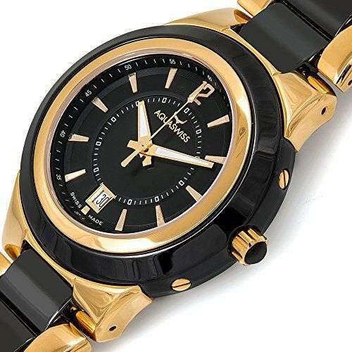 **Brand New** Aquaswiss Men C91G Black Ceramic Gold Steel Analog Date Watch Retail:$1400