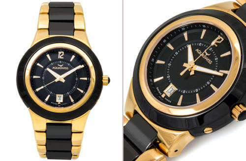 **Brand New** Aquaswiss Men C91G Black Ceramic Gold Steel Analog Date Watch Retail:$1400