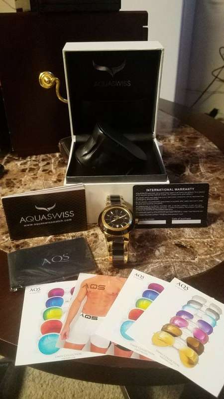 **Brand New** Aquaswiss Men C91G Black Ceramic Gold Steel Analog Date Watch Retail:$1400