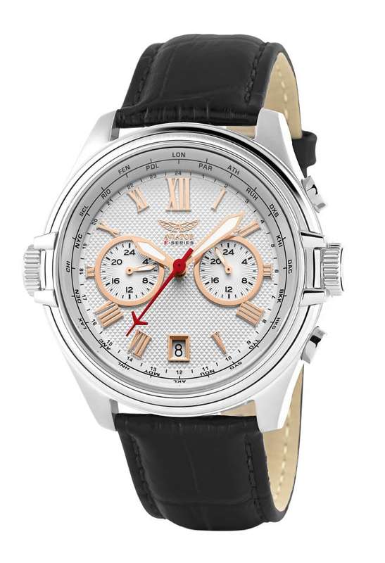 R1 AUCTION: Aviator F Series Multi Function Dual Time ROSE Gold Features Black Leather Watch. 10 ATM