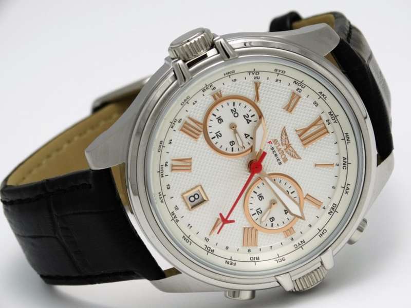 R1 AUCTION: Aviator F Series Multi Function Dual Time ROSE Gold Features Black Leather Watch. 10 ATM