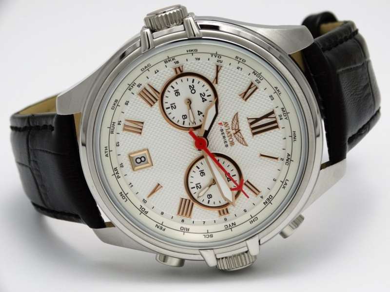 R1 AUCTION: Aviator F Series Multi Function Dual Time ROSE Gold Features Black Leather Watch. 10 ATM