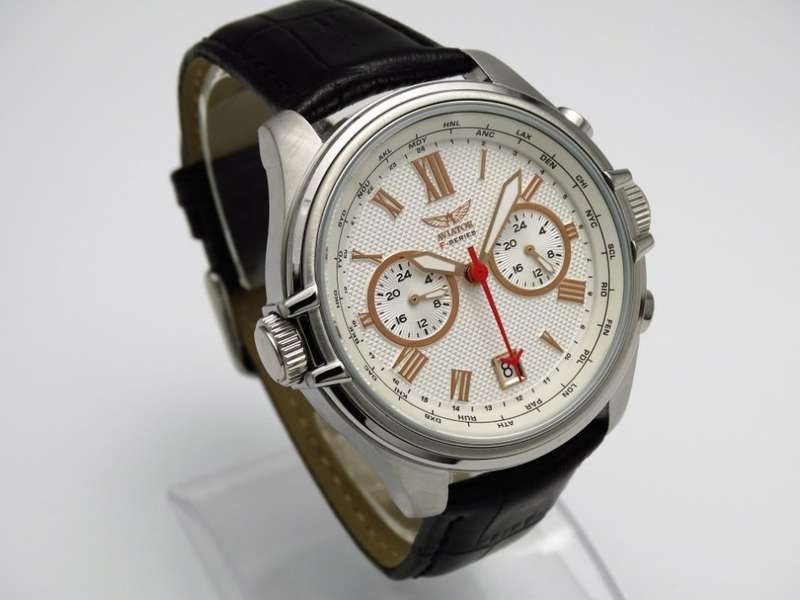 R1 AUCTION: Aviator F Series Multi Function Dual Time ROSE Gold Features Black Leather Watch. 10 ATM
