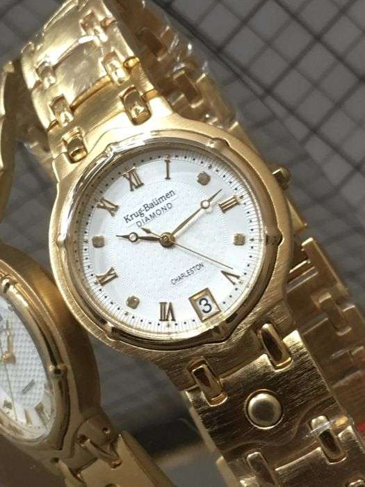 R1 AUCTION!! RRP £585 Krug Baumen Ladies Charleston 4 Diamond White Dial 18K Gold  Strap Watch