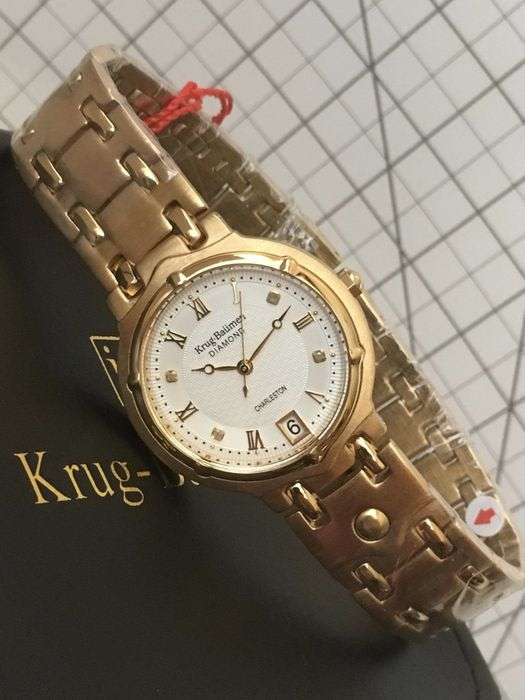 R1 AUCTION!! RRP £585 Krug Baumen Ladies Charleston 4 Diamond White Dial 18K Gold  Strap Watch