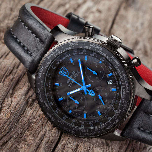 DETOMASO Firenze XXL Mens Wrist Watch Chronograph Black Blue Stainless Steel Black Leather watch