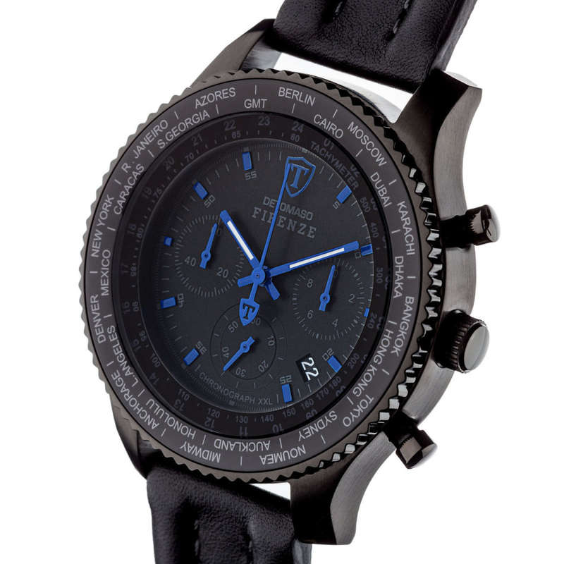 DETOMASO Firenze XXL Mens Wrist Watch Chronograph Black Blue Stainless Steel Black Leather watch