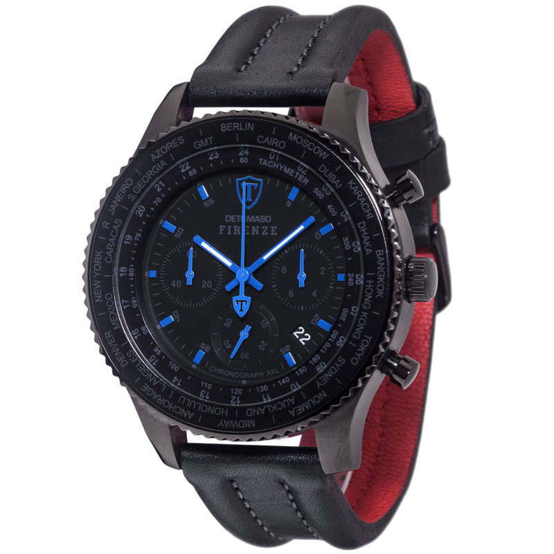 DETOMASO Firenze XXL Mens Wrist Watch Chronograph Black Blue Stainless Steel Black Leather watch