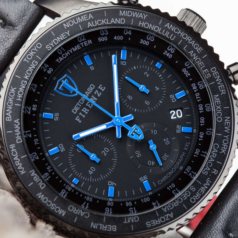 DETOMASO Firenze XXL Mens Wrist Watch Chronograph Black Blue Stainless Steel Black Leather watch
