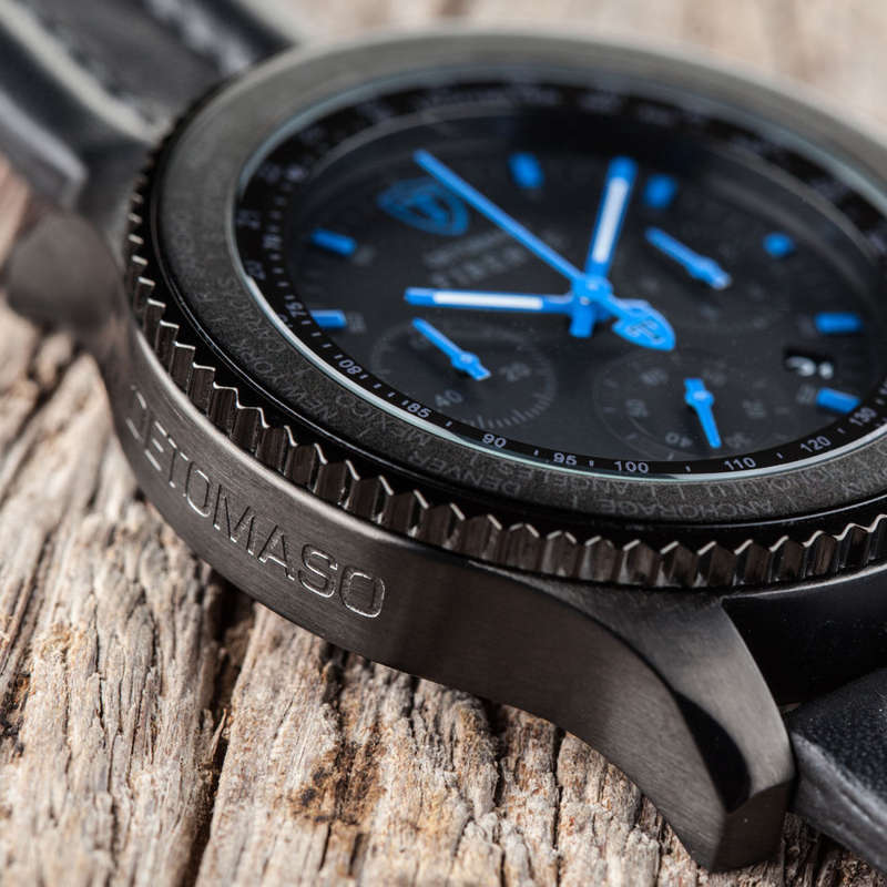 DETOMASO Firenze XXL Mens Wrist Watch Chronograph Black Blue Stainless Steel Black Leather watch
