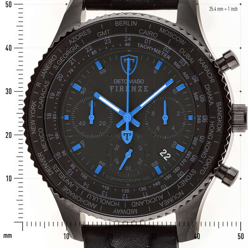 DETOMASO Firenze XXL Mens Wrist Watch Chronograph Black Blue Stainless Steel Black Leather watch