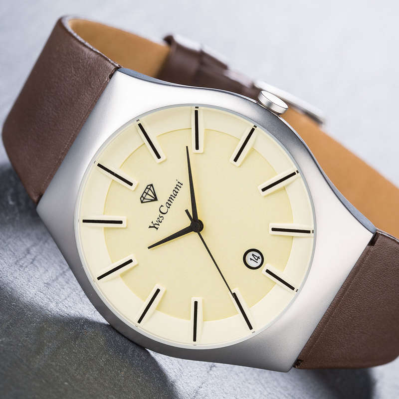 YVES CAMANI Louanne Ladies Watch Stainless Steel Brown Leather Date Display watch