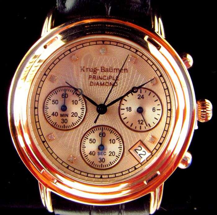 RETAIL R13,500 Krug Baumen WOMEN Principle CHRONO 18K Rose Gold 8X REAL Diamond Croc Leather Watch