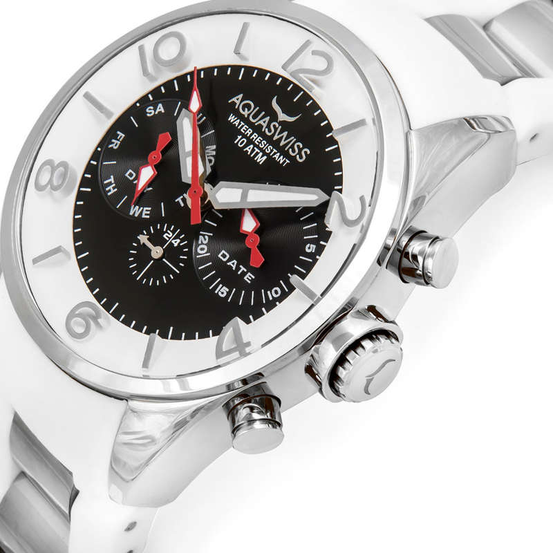 R1 AUCTION Retail: $1000 /R12,000.00 Aquaswiss UNISEX TRAX 5H Watch Silver and Black Silicone Band