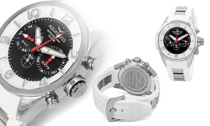 R1 AUCTION Retail: $1000 /R12,000.00 Aquaswiss UNISEX TRAX 5H Watch Silver and Black Silicone Band