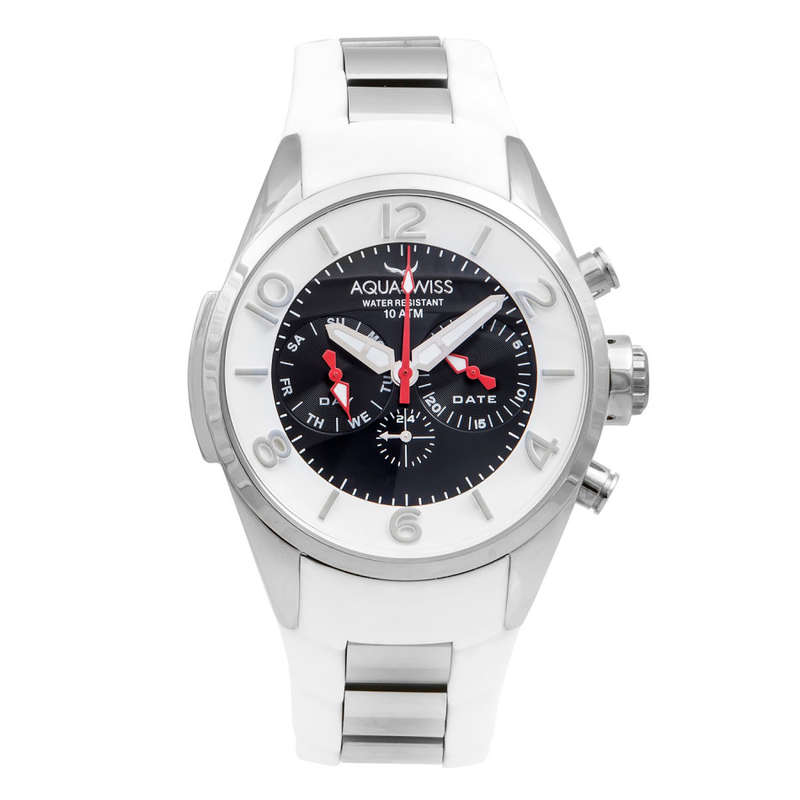 R1 AUCTION Retail: $1000 /R12,000.00 Aquaswiss UNISEX TRAX 5H Watch Silver and Black Silicone Band