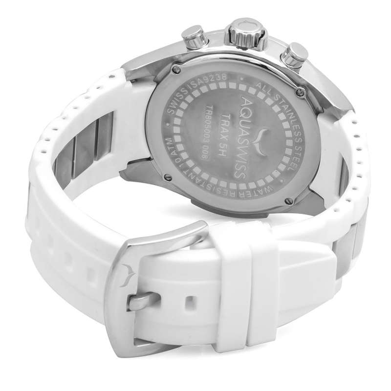 R1 AUCTION Retail: $1000 /R12,000.00 Aquaswiss UNISEX TRAX 5H Watch Silver and Black Silicone Band