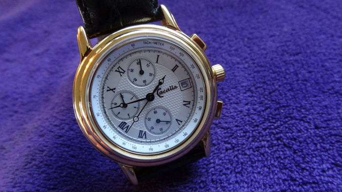 Cacalla CA 25 men¿s wristwatch NOS Quartz movement with chronograph and steel Gold plated case