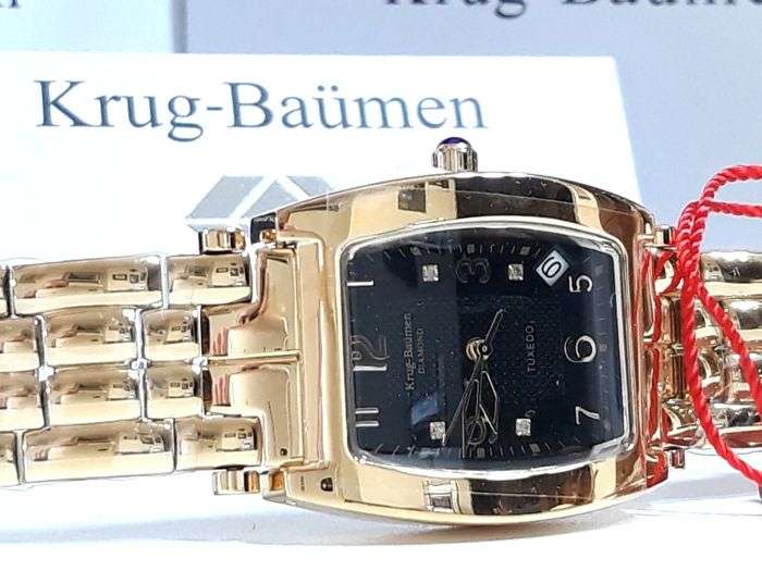 Opens @ R1 Retail: R10,546.54 Krug-Baumen MEN Tuxedo 18K Gold 4X REAL Diamonds BLACK Dial Gold Strap