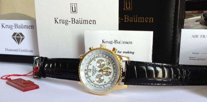 RRP: R14,999 Krug Baümen Air Traveller XXL 46mm 8 Genuine Diamond 18K Gold Dial Black Strap Watch