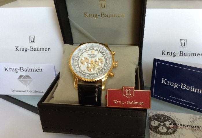 RRP: R14,999 Krug Baümen Air Traveller XXL 46mm 8 Genuine Diamond 18K Gold Dial Black Strap Watch