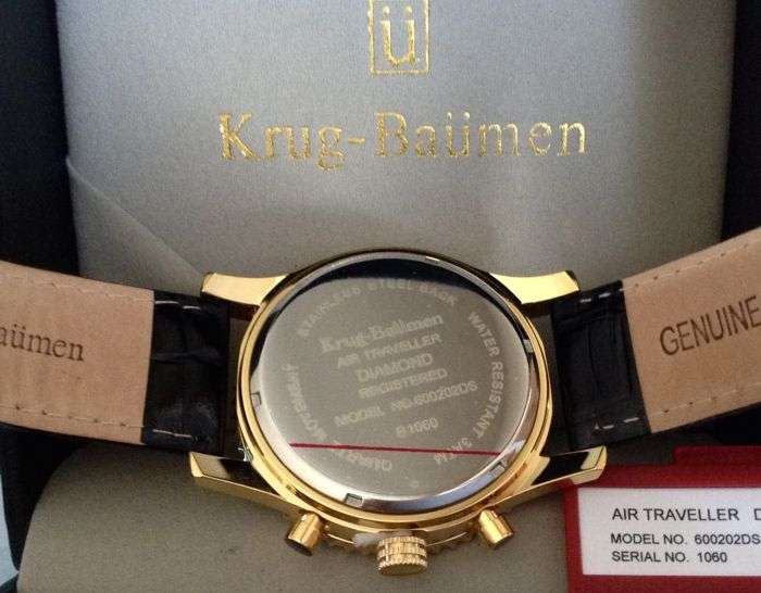 RRP: R14,999 Krug Baümen Air Traveller XXL 46mm 8 Genuine Diamond 18K Gold Dial Black Strap Watch
