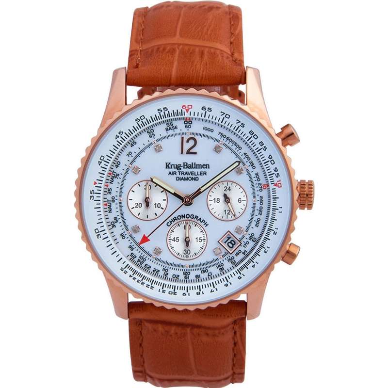 RRP: R12,963 Krug Baümen Air Traveller  8 Genuine Diamond Rose Gold  Dial Tan Strap Watch