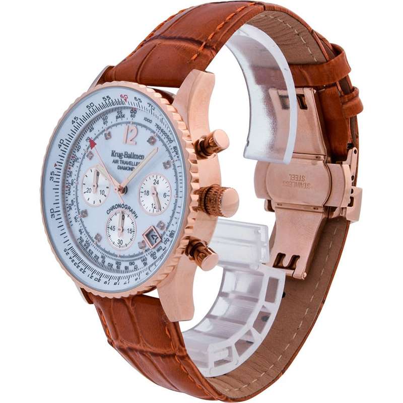 RRP: R12,963 Krug Baümen Air Traveller  8 Genuine Diamond Rose Gold  Dial Tan Strap Watch