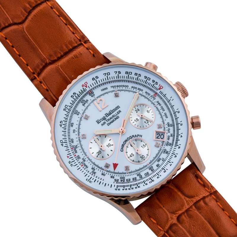 RRP: R12,963 Krug Baümen Air Traveller  8 Genuine Diamond Rose Gold  Dial Tan Strap Watch