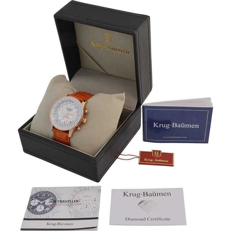 RRP: R12,963 Krug Baümen Air Traveller  8 Genuine Diamond Rose Gold  Dial Tan Strap Watch
