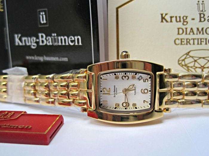 Opens @ R1 RETAIL - R11,143.70 Krug Baümen Ladies Tuxedo 4 REAL Diamond White Dial 18Kt Gold Watch