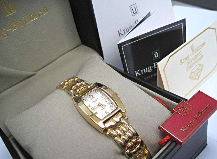Opens @ R1 RETAIL - R11,143.70 Krug Baümen Ladies Tuxedo 4 REAL Diamond White Dial 18Kt Gold Watch
