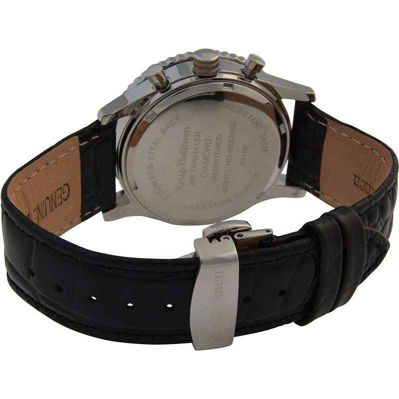 Retail: R12,963 Krug Baümen Air Traveller  8 Genuine Diamond Stainless Steel  Dial Black Strap Watch