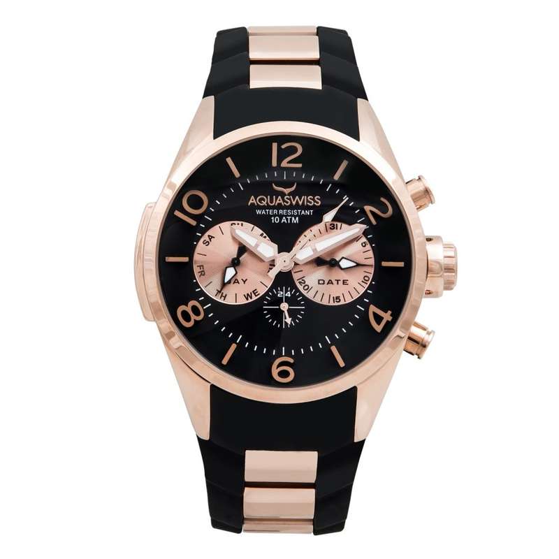 Retail: R12,000 Aquaswiss Men Trax 5H Watch with Chronograph 18k Rose Gold and Black Silicone Band