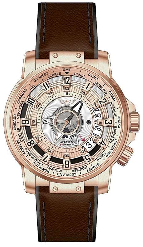 Limited Edition: Aviator F Series World Cities ROSE Gold Features Brown Leather Watch. 10 ATM