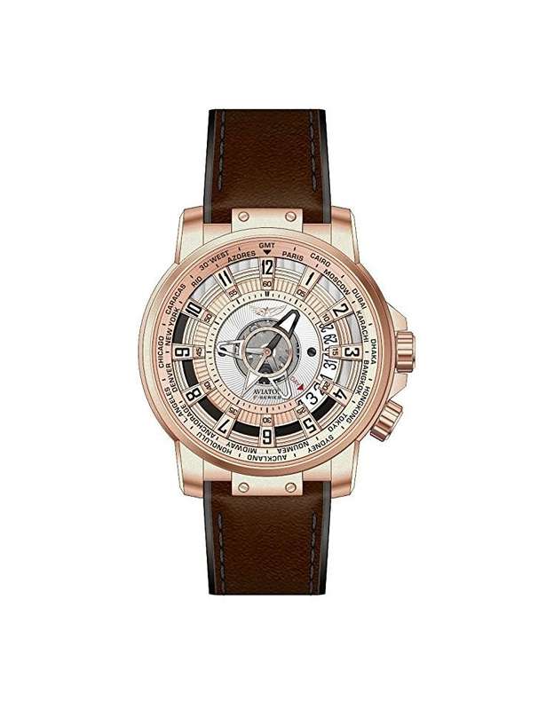Limited Edition: Aviator F Series World Cities ROSE Gold Features Brown Leather Watch. 10 ATM