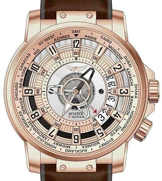Limited Edition: Aviator F Series World Cities ROSE Gold Features Brown Leather Watch. 10 ATM