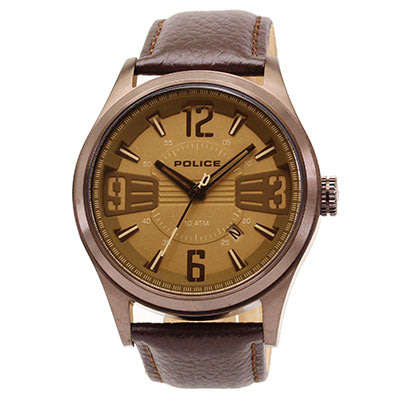 R1 Auction POLICE MEN'S 45MM BROWN LEATHER BAND IP STEEL CASE QUARTZ WATCH