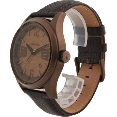 R1 Auction POLICE MEN'S 45MM BROWN LEATHER BAND IP STEEL CASE QUARTZ WATCH
