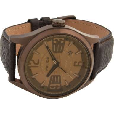 R1 Auction POLICE MEN'S 45MM BROWN LEATHER BAND IP STEEL CASE QUARTZ WATCH