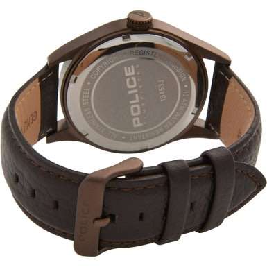 R1 Auction POLICE MEN'S 45MM BROWN LEATHER BAND IP STEEL CASE QUARTZ WATCH