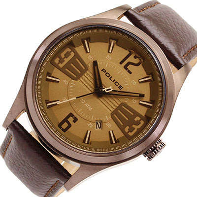 R1 Auction POLICE MEN'S 45MM BROWN LEATHER BAND IP STEEL CASE QUARTZ WATCH