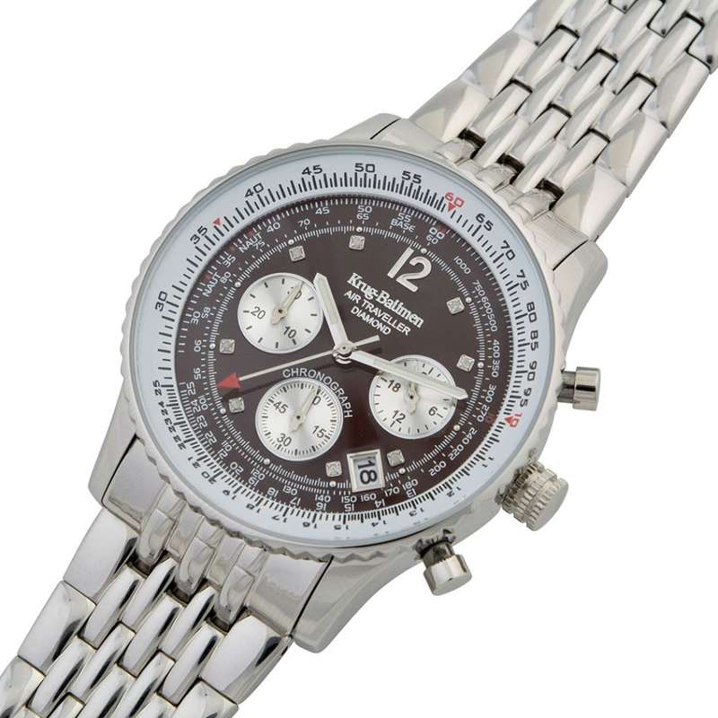 Retail: R15,247.97 Krug Baümen Air Traveller  8 REAL Diamond Brown Dial Stainless Steel Watch