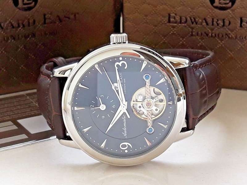 RETAIL: R10,007.79 Edward East Stainless Steel AUTOMATIC Brown Leather Strap Watch