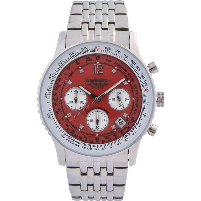 Retail: R15,247.97 Krug Baümen Air Traveller  8 REAL Diamond Red Dial Stainless Steel Watch