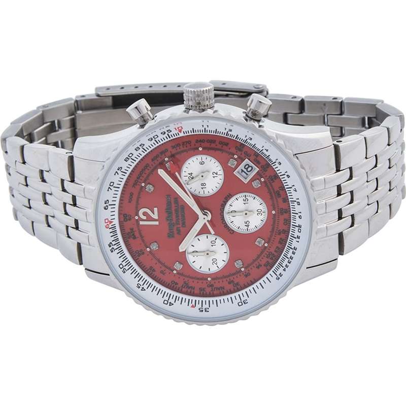 Retail: R15,247.97 Krug Baümen Air Traveller  8 REAL Diamond Red Dial Stainless Steel Watch