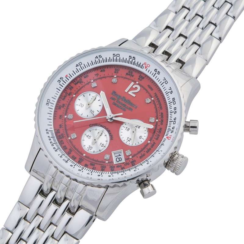 Retail: R15,247.97 Krug Baümen Air Traveller  8 REAL Diamond Red Dial Stainless Steel Watch
