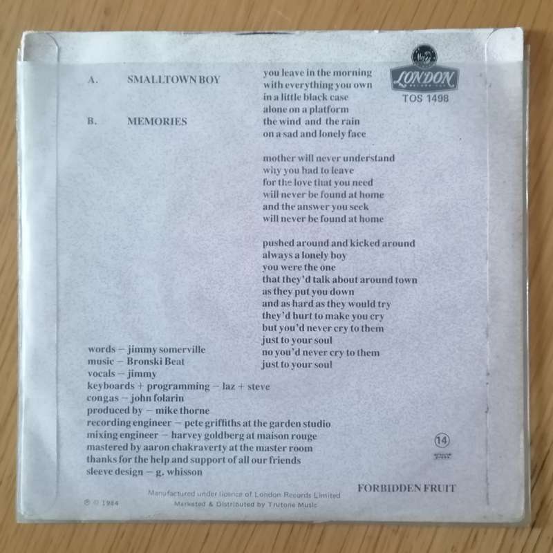 Bronski Beat - Smalltown Boy 7`/single (1984 SA press) VG/VG+