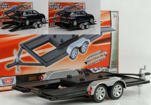 Car Trailer, dbl-axle, black + silver 1/18 Motormax, NEW+boxed  #8993 instant wheels